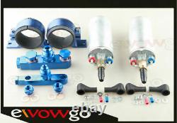 Dual Bosch 044 Fuel Pump Twin Bracket Billet Aluminum Assembly Kit Blue